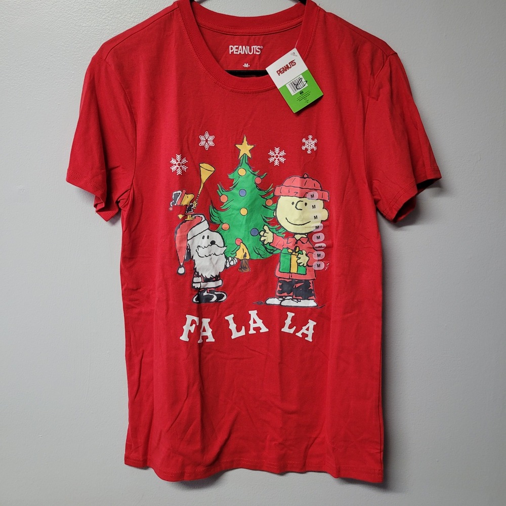 Peanuts Snoopy Christmas T Shirt Red Fa La La Graphic Tee Men Medium NWT